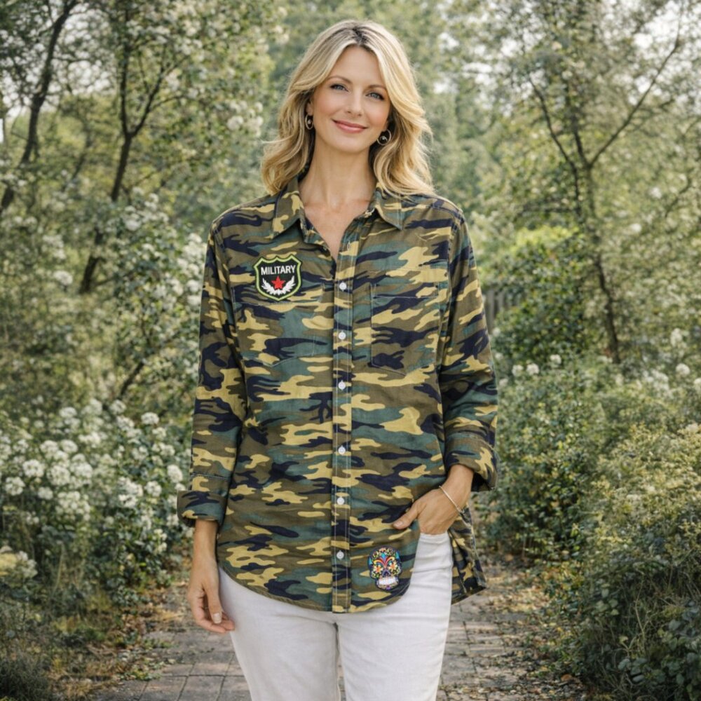 Distressed Hem Camo Button Shirt Sugar Skull Patch Embellishment XL